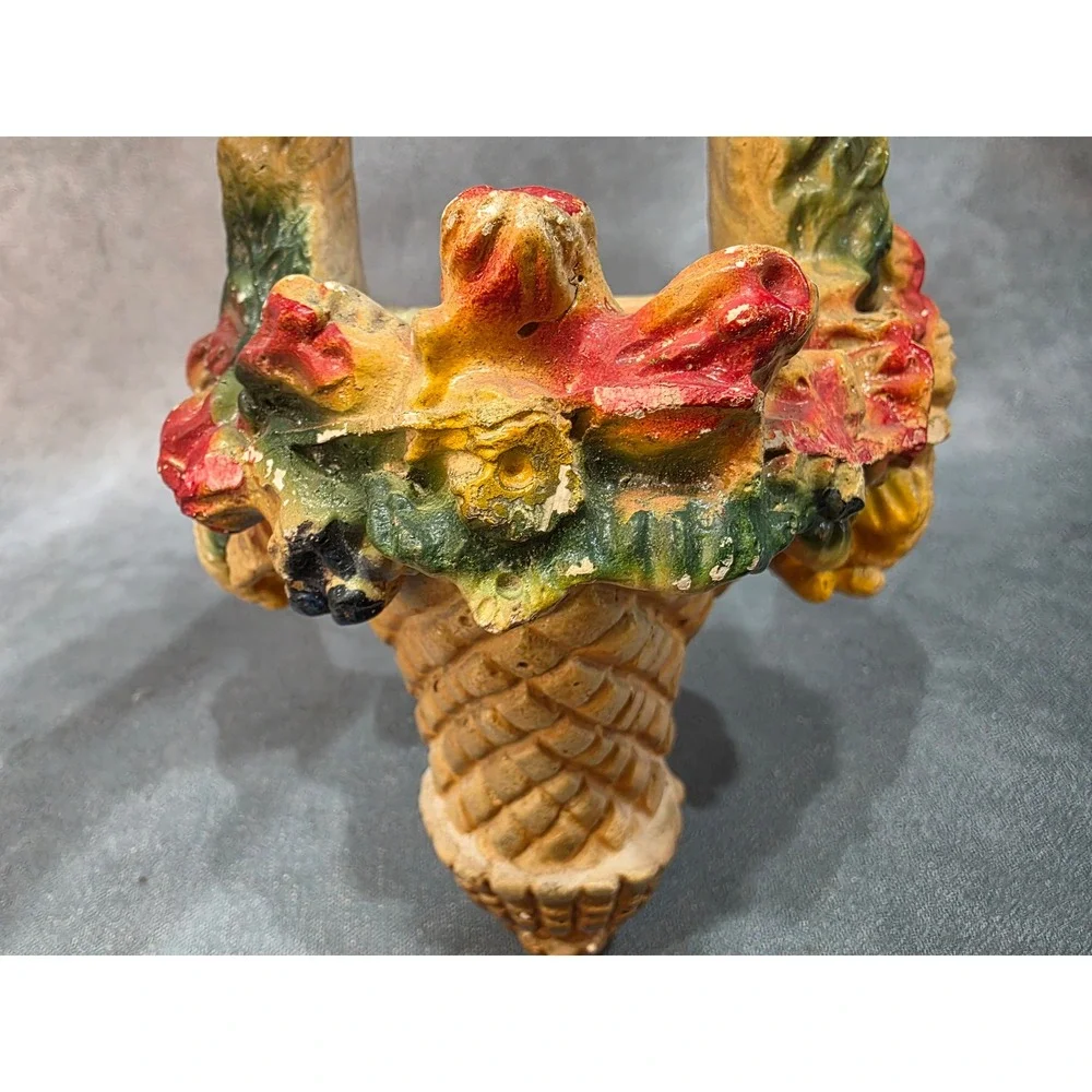 Vintage Chalkware Wall Pocket Planter Basket Floral Gold Bow Mid Century Decor